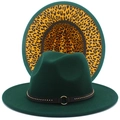 Close-up of green wool fedora with leopard print lining and studded metal buckle belt - Dark Green
