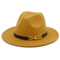 Detailed close-up of yellow wool fedora hat with black leather belt and gold metal buckle - Khaki