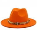 Chapeau fedora en feutre de laine orange avec chaîne dorée et perles ethniques colorées - Taille unique / Orange