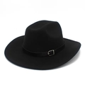 Detailed view of black wool felt hat with decorative leather belt and silver buckle - Black