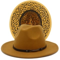 Close-up of ginger wool fedora hat featuring a leopard print brim and black leather buckle band - One Size / Brown