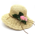 Beige raffia sun hat for women featuring pink rose decoration and wavy wide brim - M (56-58cm) / Beige And Pink Flower