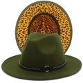 Detail of olive green fedora with studded leather band and leopard print brim underside - Army Green