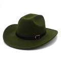 Detail of dark green wide brim fedora with black belt buckle and wool felt texture - Army Green