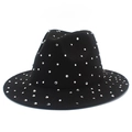 Elegant black wool fedora hat for women adorned with sparkling crystal rhinestones - Black