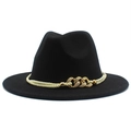 Detailed view of British style wool fedora hat with golden braided rope and linked buckles - Black