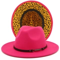 Detail of fuchsia fedora hat featuring leopard print lining and black leather band - One Size / Rose Red
