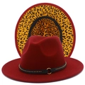 Macro detail of burgundy wide brim fedora with leopard print underbrim and gold studs - Burgundy