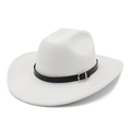 Detail view of white wool felt fedora hat featuring black leather band and silver buckle - White