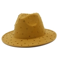 Detail view of ginger yellow wool fedora hat with amber rhinestones and flat brim design - Khaki