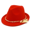 Classic red wool felt Panama hat with pearl gold chain and elegant white tassels - One Size / Red