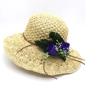 Handmade raffia sun hat in light beige with purple roses and brown decorative cord - M (56-58cm) / Beige And Purple Flower
