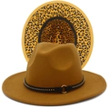 Detail of camel fedora hat featuring leopard print lining and studded black band decoration - Brown