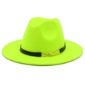Detail of neon yellow wool fedora featuring black belt strap and gold metal buckle - Neon Yellow