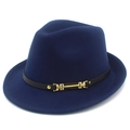Cappello fedora blu scuro in feltro con fascia in pelle nera e fibbia dorata - Blu scuro