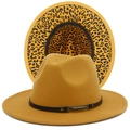 Gelber Fedora-Filzhut mit breiter Krempe, Leopardenmuster-Futter und schwarzem Gürtel - Einheitsgröße / Khaki