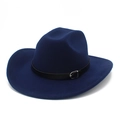 Detail of navy blue felt fedora hat featuring a black leather band and silver metal buckle - Dark Blue