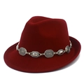 British style deep red wool fedora with retro silver metal chain link decoration - Burgundy