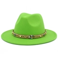 Chapeau fedora en laine vert néon à large bord avec ruban ethnique et détails de pierre - Taille unique / Vert Fluorescent