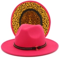 Detail of bright pink fedora hat with leopard print lining and studded black band - Rose Red
