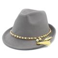 Detail of grey wool fedora hat featuring golden metal chains, pearls, and beige tassels - One Size / Gray