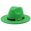 Detail of green fedora hat featuring black leather band and golden metal buckle accessory - Grass Green