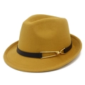 Close-up of mustard wool fedora with brown leather band and gold metal buckle detail - Khaki