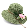 Handwoven grass green raffia sun hat with pink rose decoration and wide brim for summer - M (56-58cm) / Green And Pink Flower