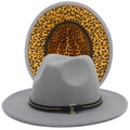 Detail of grey fedora hat with metal stud band and stylish leopard print lining - Gray