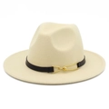Detail of cream wool fedora hat featuring dark brown leather band and gold buckle - Beige