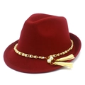 Classic dark red wool felt fedora hat featuring golden chain and pearl tassel accents - One Size / Burgundy