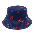 Reversible cotton bucket hat with cute cherry print in navy blue for sun protection - One Size / Dark Blue