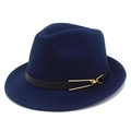 Detailed close-up of dark blue wool fedora hat with black leather band and gold buckle - Dark Blue