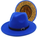 Royal blue wool fedora hat with black belt buckle and leopard print underbrim accent - Sapphire Blue