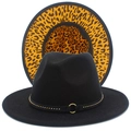 Detail of black fedora with leopard print lining and studded band with golden ring - Black