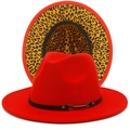 Roter Fedora-Hut mit breiter Krempe, Leopardenmuster-Futter und schwarzem Zierband - Einheitsgröße / Rot