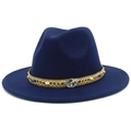 Close-up of navy blue wool fedora hat with ornate gold woven band and blue gemstone details - Dark Blue