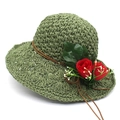 Women's green raffia sun hat featuring red rose decor and wide brim weave - M (56-58cm) / Green And Red Flower