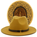 Ginger wool fedora hat with leopard print underbrim and black studded leather band - Khaki