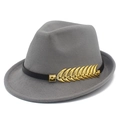 Detail of grey wool felt jazz hat with black band and gold leaf metal decorative buckle - Gray