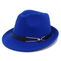 Elegant royal blue wool fedora hat with black leather strap and gold metal buckle - Sapphire Blue
