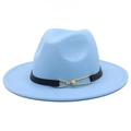 Close-up of light blue felt fedora hat featuring a black leather band and gold metal buckle - Light Blue