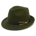 Detailed macro view of dark green wool fedora with black leather band and gold buckle - Army Green
