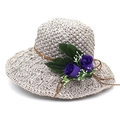 Grey raffia sun hat with woven texture, brown band and purple floral decoration - M (56-58cm) / Gray And Purple Flower