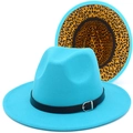 Close-up of bright blue wool fedora featuring black leather band and leopard print lining - Sky Blue