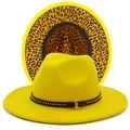 Yellow wool fedora hat with black belt and leopard print underbrim for autumn - Yellow