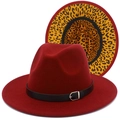 Detail of burgundy wool fedora showing the stylish leopard print lining and leather belt trim - Burgundy