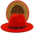 Red wool fedora hat with leopard print brim and studded leather belt accessory - Red