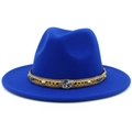Detailed close-up of blue wool jazz hat featuring a boho decorative bead and gold chain band - Sapphire Blue