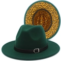 Dark green wool fedora hat with black belt buckle and yellow leopard print brim - Dark Green
